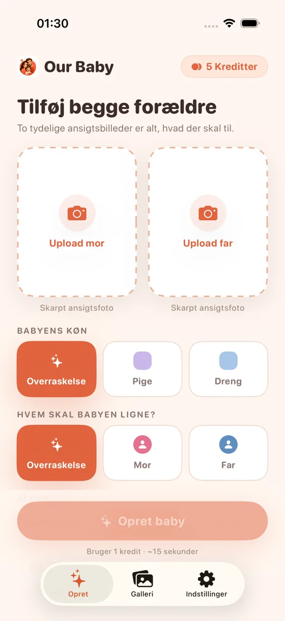 Uploadskærm i Baby Generator AI med felterne Upload foto af mor og Upload foto af far