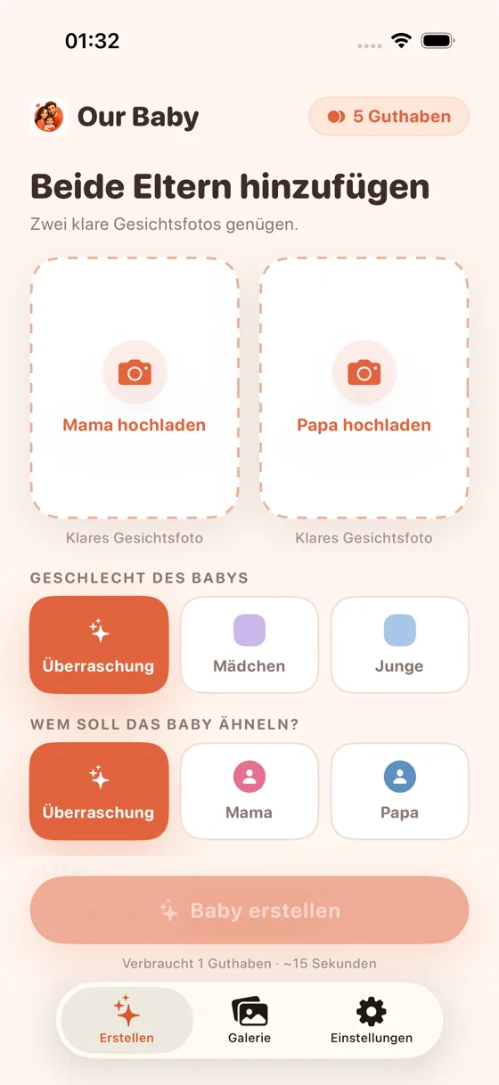 Upload-Bildschirm in Baby Generator AI mit den Feldern „Mama-Foto hochladen“ und „Papa-Foto hochladen“