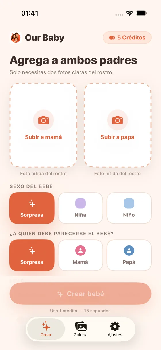 Pantalla de carga en Baby Generator AI con los espacios para subir la foto de mamá y de papá