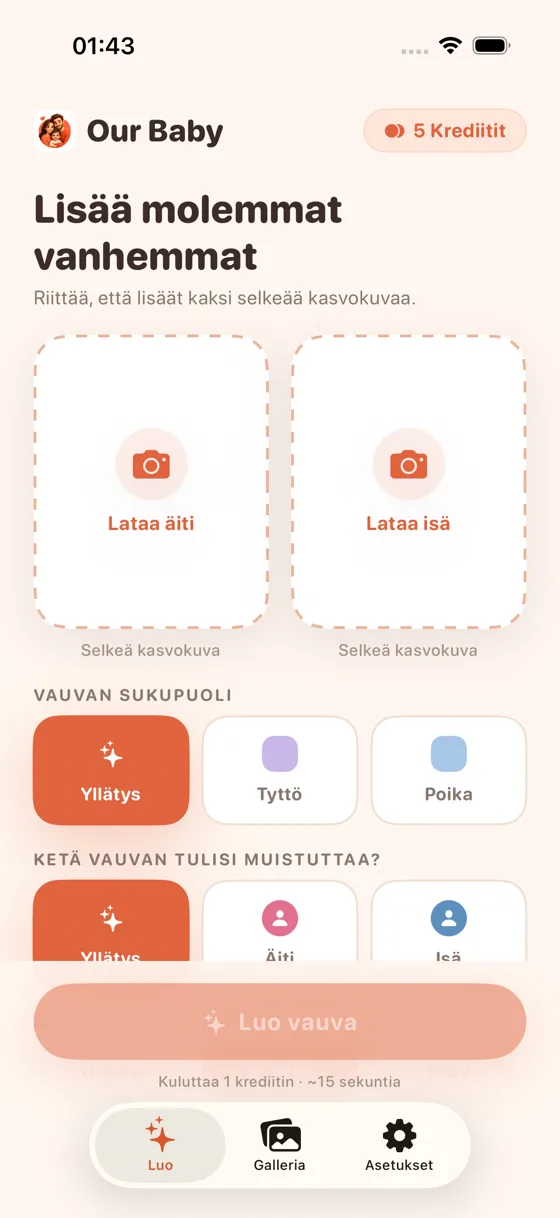 Latausnäkymä Baby Generator AI:ssa, jossa on kentät Lataa äidin kuva ja Lataa isän kuva