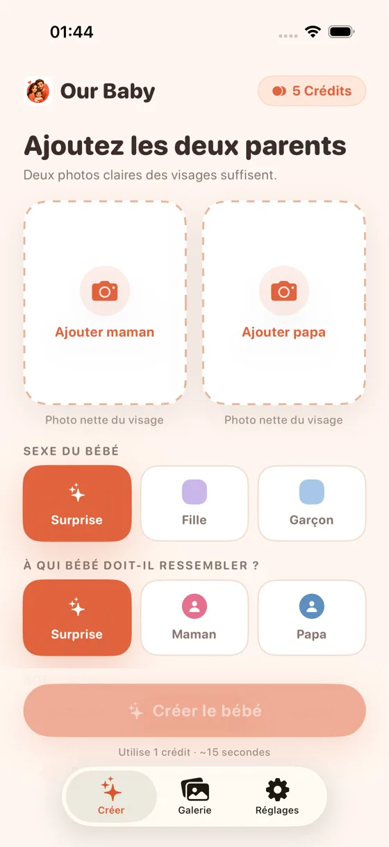 Écran de téléversement dans Baby Generator AI avec les emplacements pour la photo de maman et de papa