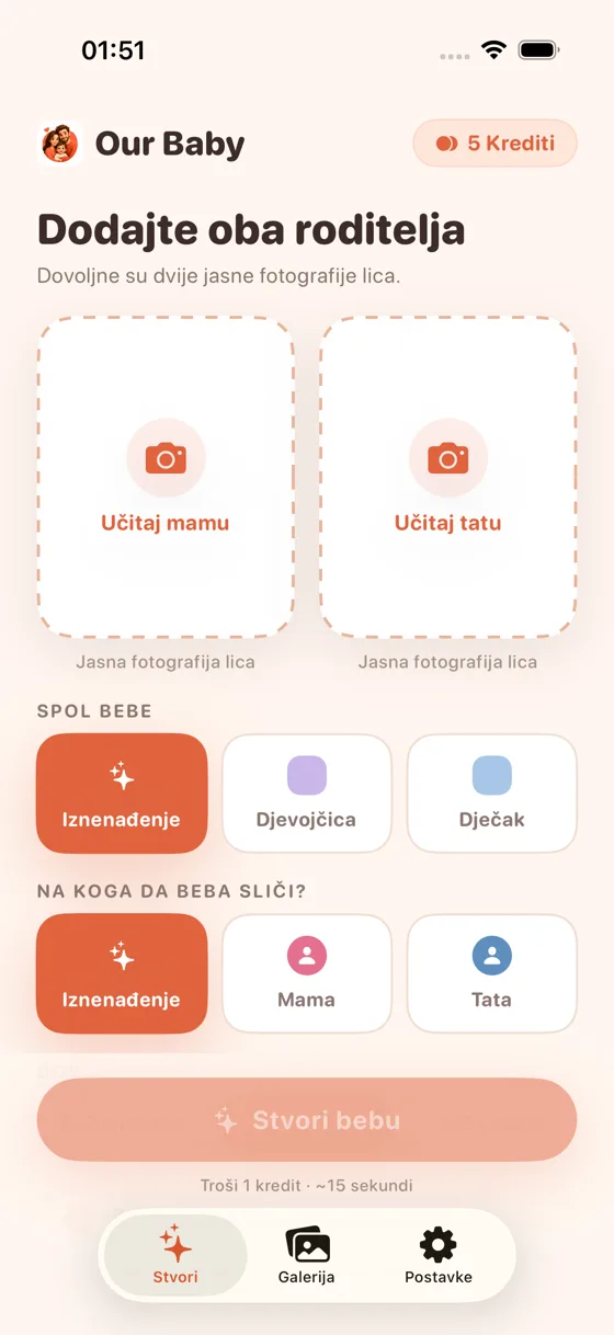 Zaslon za učitavanje u aplikaciji Baby Generator AI s poljima za fotografiju mame i tate