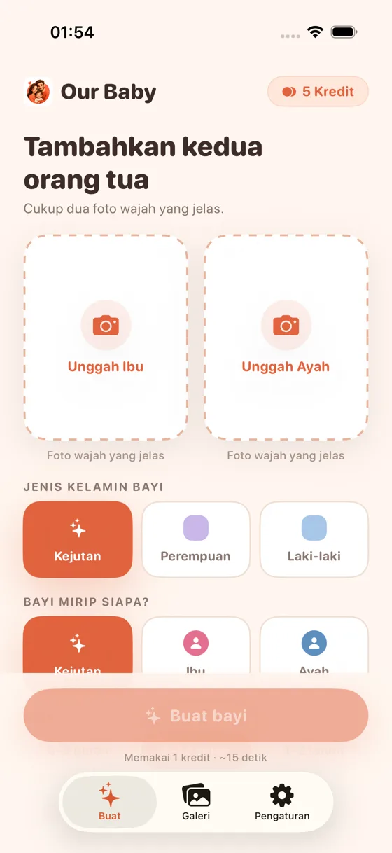 Layar unggah di Baby Generator AI dengan slot unggah foto Mama dan Papa