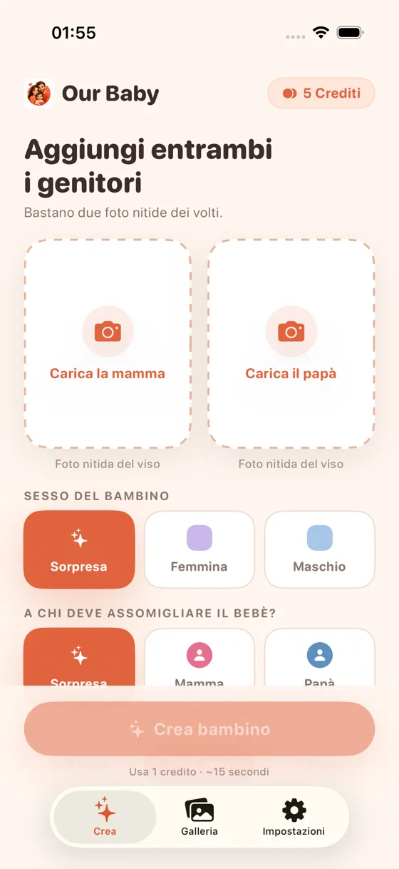 Schermata di caricamento in Baby Generator AI con gli spazi per la foto di mamma e papà