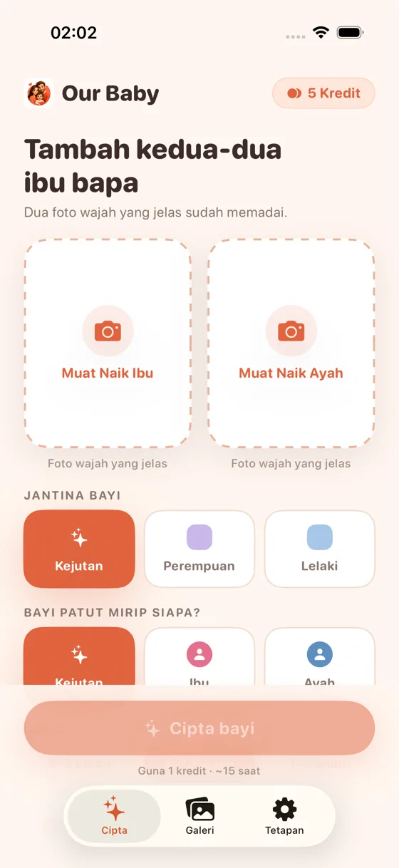Skrin muat naik dalam Baby Generator AI dengan slot muat naik foto Mama dan Papa
