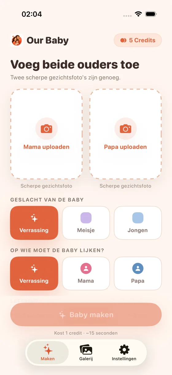 Uploadscherm in Baby Generator AI met de vakken Foto Mama en Foto Papa uploaden