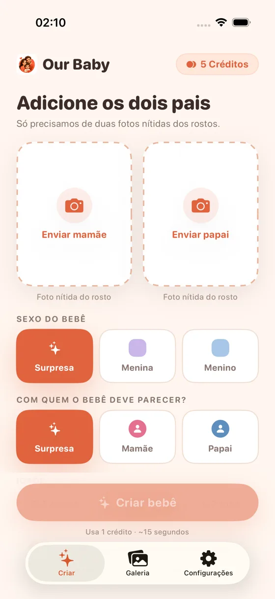 Tela de envio no Baby Generator AI com os espaços Enviar Foto da Mamãe e Enviar Foto do Papai
