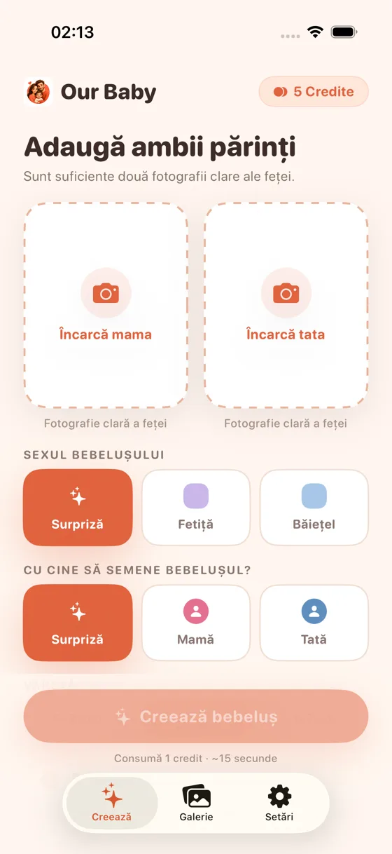 Ecranul de încărcare din Baby Generator AI cu spațiile pentru poza mamei și a tatălui