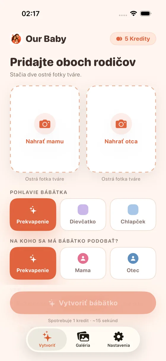 Obrazovka nahrávania v Baby Generator AI s políčkami na nahratie fotky mamy a otca