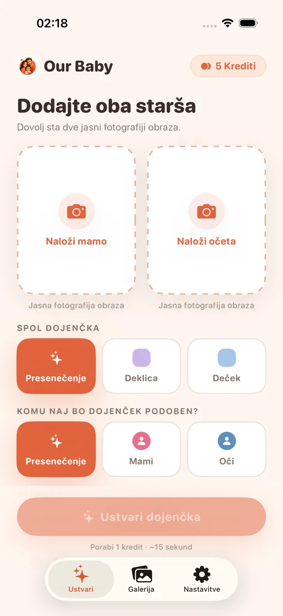 Zaslon za nalaganje v aplikaciji Baby Generator AI z mesti za nalaganje fotografije mame in očeta