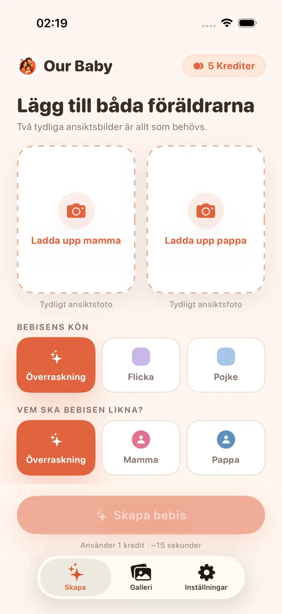 Uppladdningsskärm i Baby Generator AI med platserna Ladda upp foto på mamma och Ladda upp foto på pappa